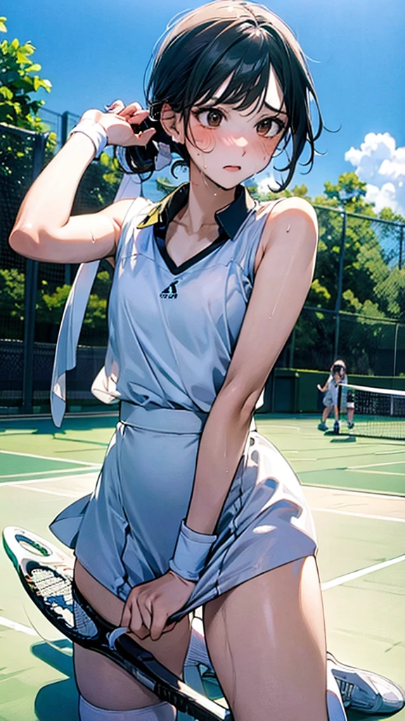 Describe a woman in a white tennis outfit, swinging a tennis racket with a determined expression on her face as she hits the ball back on a green tennis court under a clear blue sky. Her movements are powerful, and there are stands with spectators in the background,sweat,under shot,low angle,group,ahegao,orgasm