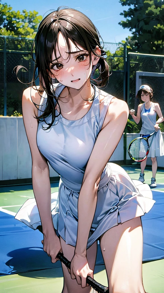 Describe a woman in a white tennis outfit, swinging a tennis racket with a determined expression on her face as she hits the ball back on a green tennis court under a clear blue sky. Her movements are powerful, and there are stands with spectators in the background,sweat,under shot,low angle,group,ahegao,orgasm