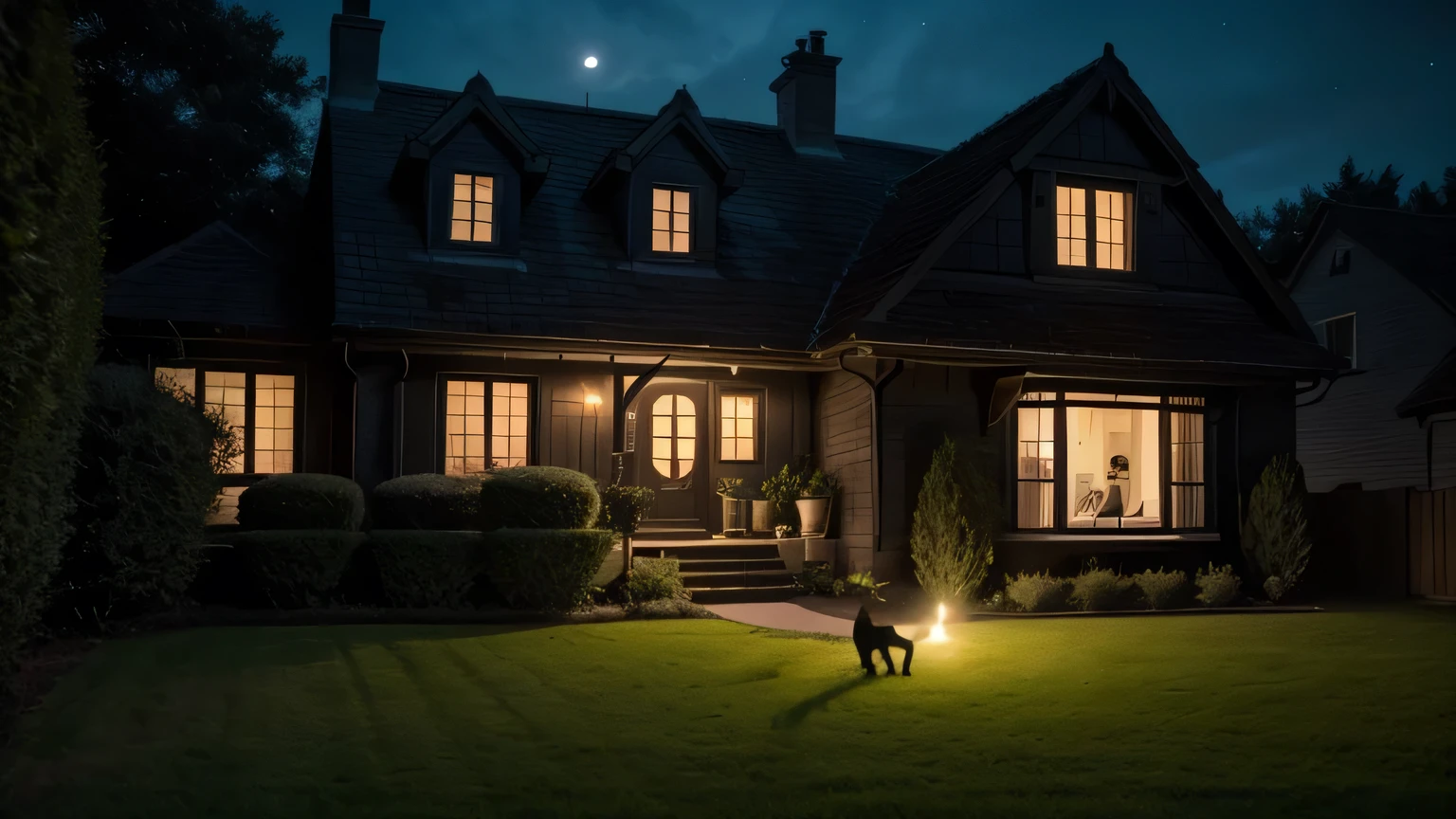 CREATE A THUBNAIL OF A BLACK CAT ON THE LAWN LOOKING AT A HOUSE FULLY LIT AT NIGHT, WITH STRANGE PEOPLE AT THE WINDOW