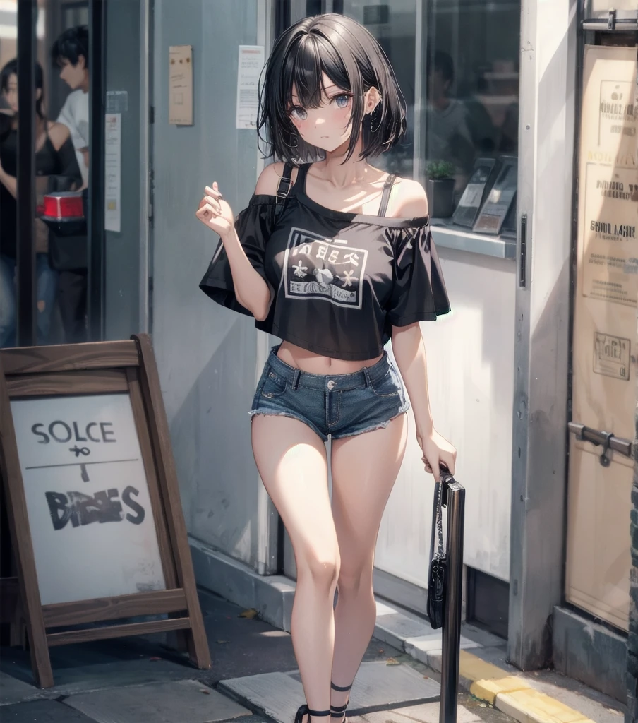 full body, solo, alone, delicate facial features, medium tits, medium hair, black hair, tearful mole, earring, t-shirt, crop top, off-shoulder, Hot Pants, sandal, street,