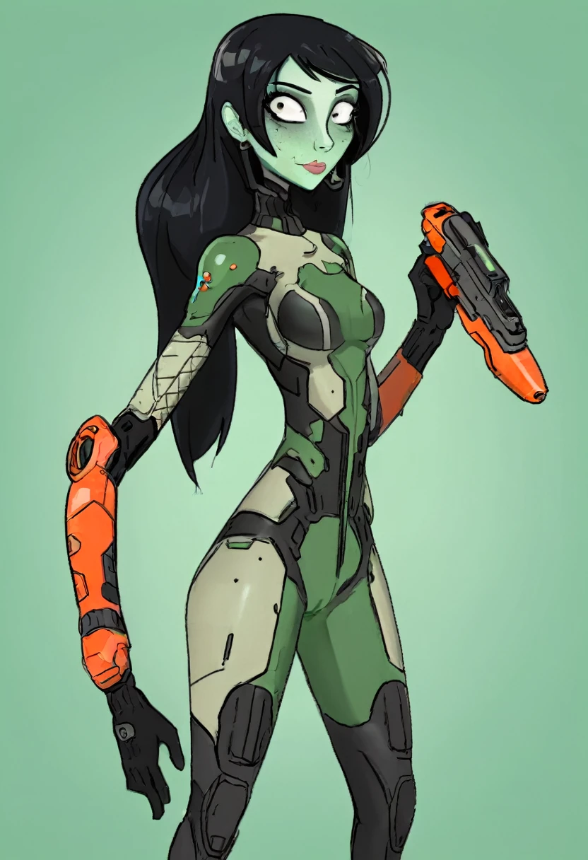 cartoon thin woman, long neck, long black hair, pale green skin, wearing a sci-fi diving suit. she is armed with an arm cannon