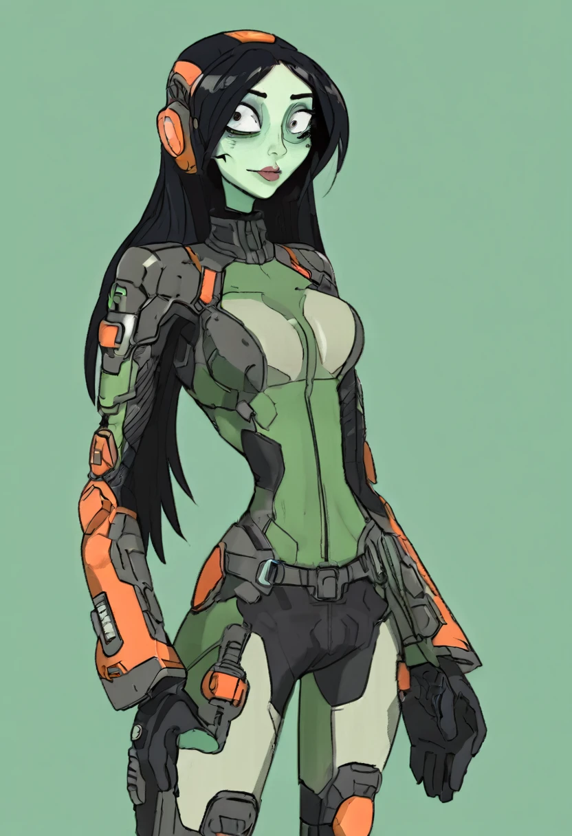 cartoon thin woman, long neck, long black hair, pale green skin, wearing a sci-fi diving suit. she is armed with an arm cannon