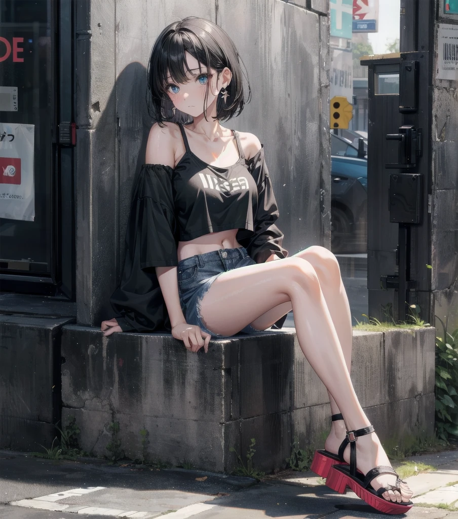 full body, solo, alone, delicate facial features, medium , medium hair, black hair, tearful mole, earring, t-shirt, crop top, off-shoulder, Hot Pants, sandal, street,