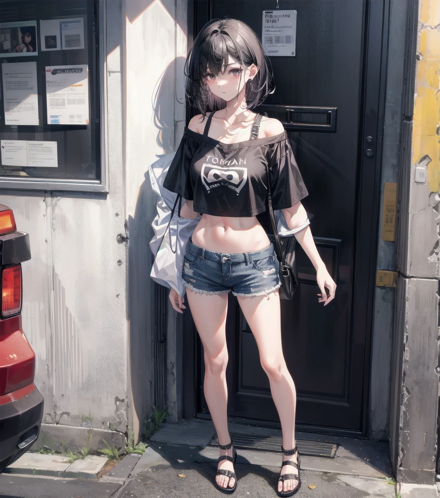 full body, solo, alone, delicate facial features, medium tits, medium hair, black hair, tearful mole, earring, t-shirt, crop top, off-shoulder, Hot Pants, sandal, street,