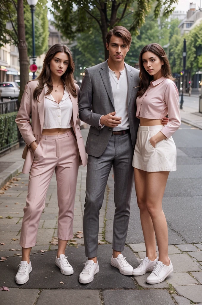 a handsome man, neat short cropped hair. wearing a cool suit, with a beautiful woman with long hair with him. they wear casual, elegant and fashionable clothes. they shape their fingers into a heart shape. with pink leaves scattered behind them, Behind them you can see the Eiffel Tower, full body pose, white shoes, full HD reality high detail quality