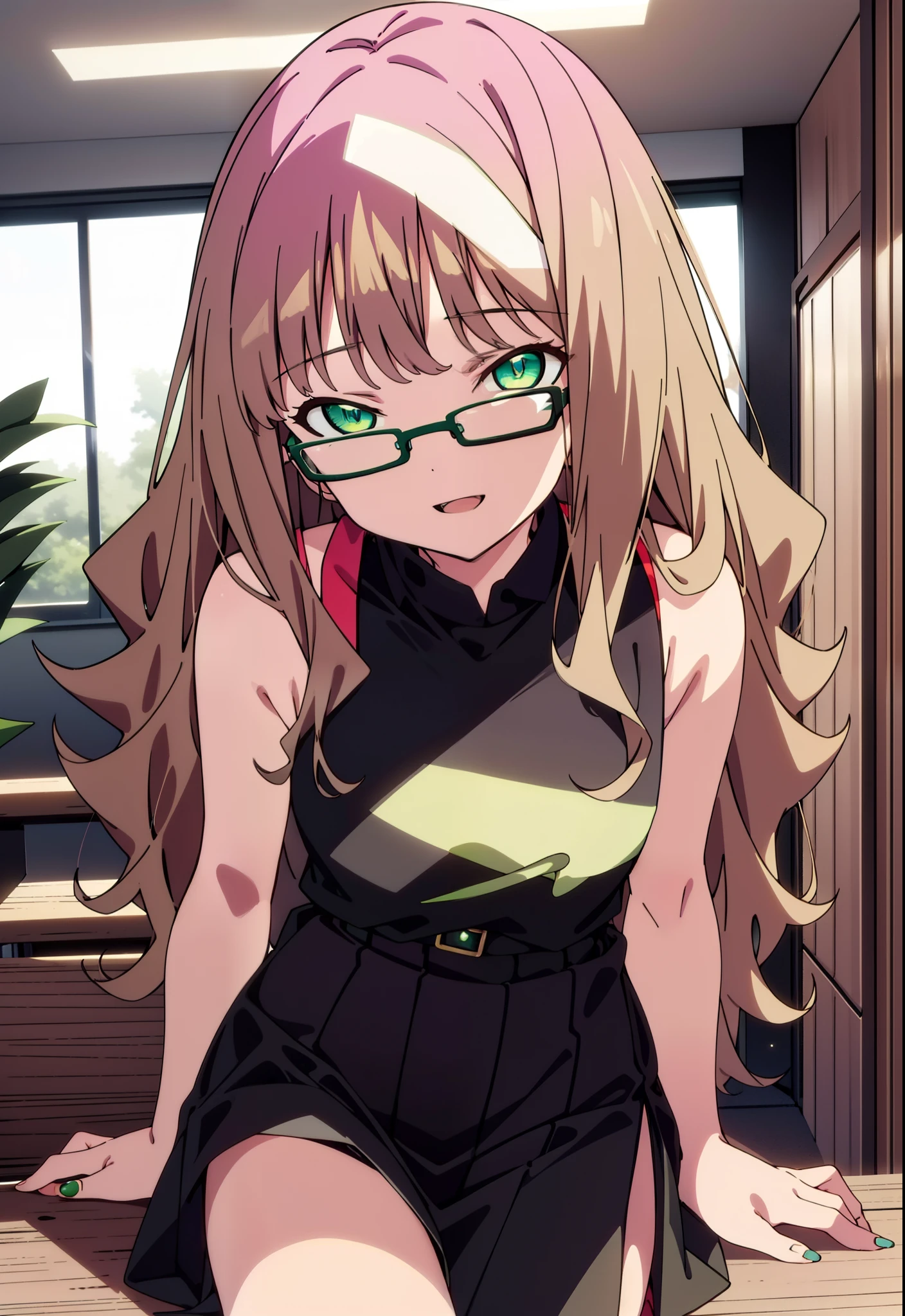 minami yume ,sss Dynazenon ,Long Hair, Brown Hair, (Green Eyes:1.5) ,Center of chest,hair band,happy smile, smile, Open your mouth, Black-rimmed glasses, Black Dress,Short sleeve,Black long skirt,Stiletto heels,walking,Daytime,sunny,whole bodyがイラストに入るように,There is a computer on the table,
break looking at viewer, whole body(Cowboy Shot:1. 5)
break indoors, office,
break (masterpiece:1.2), Highest quality, High resolution, unity 8k wallpaper, (shape:0.8), (Beautiful and beautiful eyes:1.6), Highly detailed face, Perfect lighting, Extremely detailed CG, (Perfect hands, Perfect Anatomy),