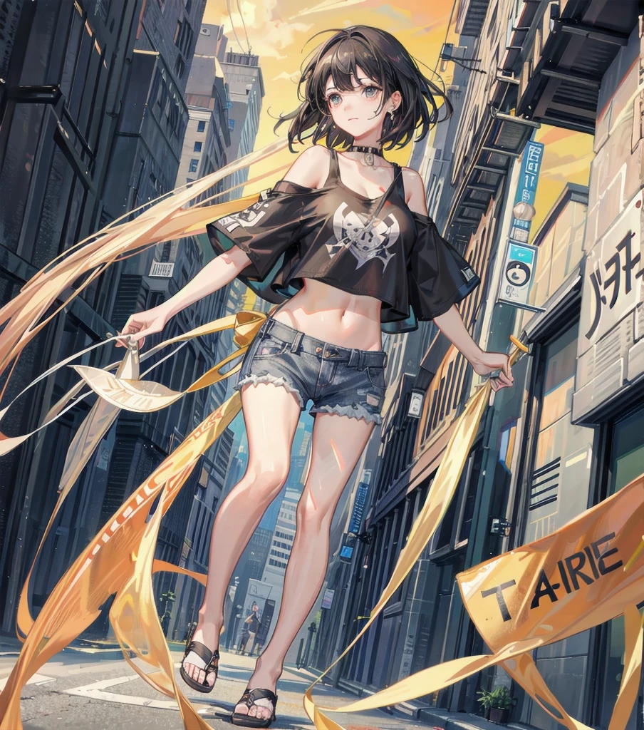 full body, solo, alone, delicate facial features, medium , medium hair, black hair, tearful mole, earring, t-shirt, crop top, off-shoulder, Hot Pants, sandal, street,