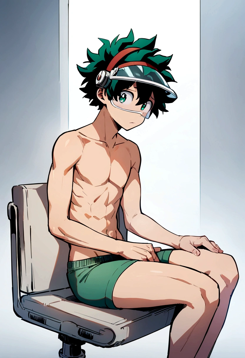 (masterpiece, best quality:1.2), solo, male focus, 1boy, midoriya izuku, short green hair, green eyes, no shirt, no pants, wearing green boxer briefs, ager, toned slender body, domed helmet with transparent visor over eyes, mind control device, blank expression, mouth hanging open staring straight forwars, relaxed body posture, sitting in chair, anime style, my hero academia style