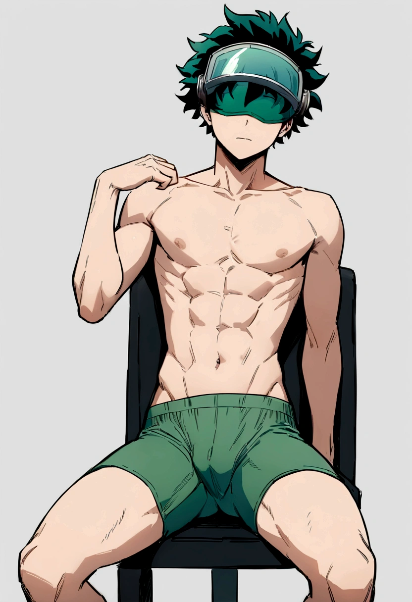 (masterpiece, best quality:1.2), solo, male focus, 1boy, midoriya izuku, short green hair, green eyes, no shirt, no pants, wearing green boxer briefs, ager, toned slender body, domed helmet with transparent visor over eyes, mind control device, blank expression, mouth hanging open staring straight forwars, relaxed body posture, sitting in chair, anime style, my hero academia style