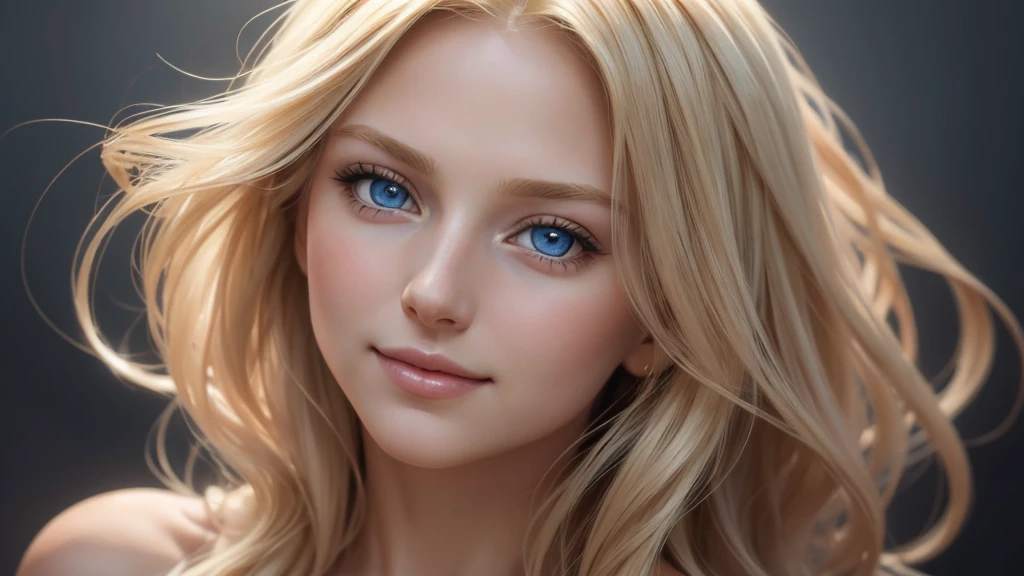 Soft portrait of a beautiful blonde woman, flowing golden hair, captivating blue eyes, delicate features, radiant smile, natural makeup, elegant attire, gentle expression, subtle blush, warm skin tones, ethereal lighting, soft shadows, high-resolution digital painting, realistic style, artistic interpretation, by a skilled portrait artist, ArtStation showcase.