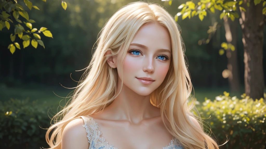 Soft portrait of a beautiful blonde woman, flowing golden hair, captivating blue eyes, delicate features, radiant smile, natural makeup, elegant attire, gentle expression, subtle blush, warm skin tones, ethereal lighting, soft shadows, high-resolution digital painting, realistic style, artistic interpretation, by a skilled portrait artist, ArtStation showcase.
