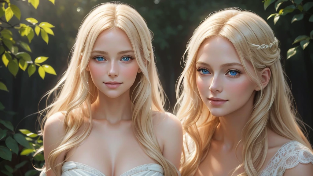 Soft portrait of a beautiful blonde woman, flowing golden hair, captivating blue eyes, delicate features, radiant smile, natural makeup, elegant attire, gentle expression, subtle blush, warm skin tones, ethereal lighting, soft shadows, high-resolution digital painting, realistic style, artistic interpretation, by a skilled portrait artist, ArtStation showcase.