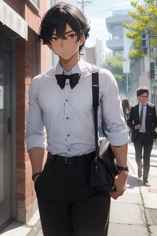 25-year-old man with distinctly Brazilian features, particularly a dark-skinned Bahian, strides towards the college entrance under the silver hue of the evening, elegantly dressed in formal attire. (Frontal angle) His dark, curly hair adds a vibrant contrast to the college setting, subtly detailed with cascading curls. (Not anime style) He engages in a conversation on his cell phone, exuding a touch of authentic warmth. (Dynamic angle) The scene is reminiscent of urban university campuses, inspired by the manga-inspired artists like Angelo Bernardo and Fabio Moon, capturing the bustling energy of the college grounds.