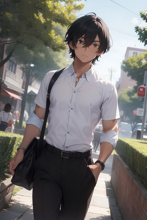 25-year-old man with distinctly Brazilian features, particularly a dark-skinned Bahian, strides towards the college entrance under the silver hue of the evening, elegantly dressed in formal attire. (Frontal angle) His dark, curly hair adds a vibrant contrast to the college setting, subtly detailed with cascading curls. (Not anime style) He engages in a conversation on his cell phone, exuding a touch of authentic warmth. (Dynamic angle) The scene is reminiscent of urban university campuses, inspired by the manga-inspired artists like Angelo Bernardo and Fabio Moon, capturing the bustling energy of the college grounds.