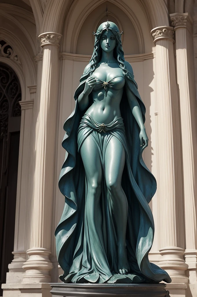 Create an image of the Ave Maria statue with a shadowy siren behind it, the image must be realistic 