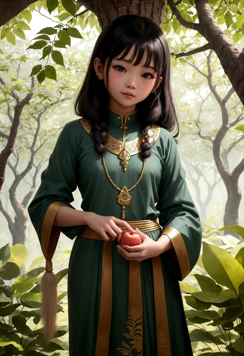 การถ่ายภาพระยะใกล้ที่สมจริง, girl creature. A young girl's head grows from a branch of a tree. This tree grows in Himmapan., The legendary forest where Gandharvas enjoys the female fruit, who cuts the fruit and takes it away., A girl born from the fruit of a strange tree, การกอดร่างของผู้หญิงกลายเป็นต้นไม้ใบหญ้า, มีรากเป็นขา, กิ่งก้านเหมือนแขน, ใบไม้บางใบปลิวไปบนพื้นหลังสีขาว,
