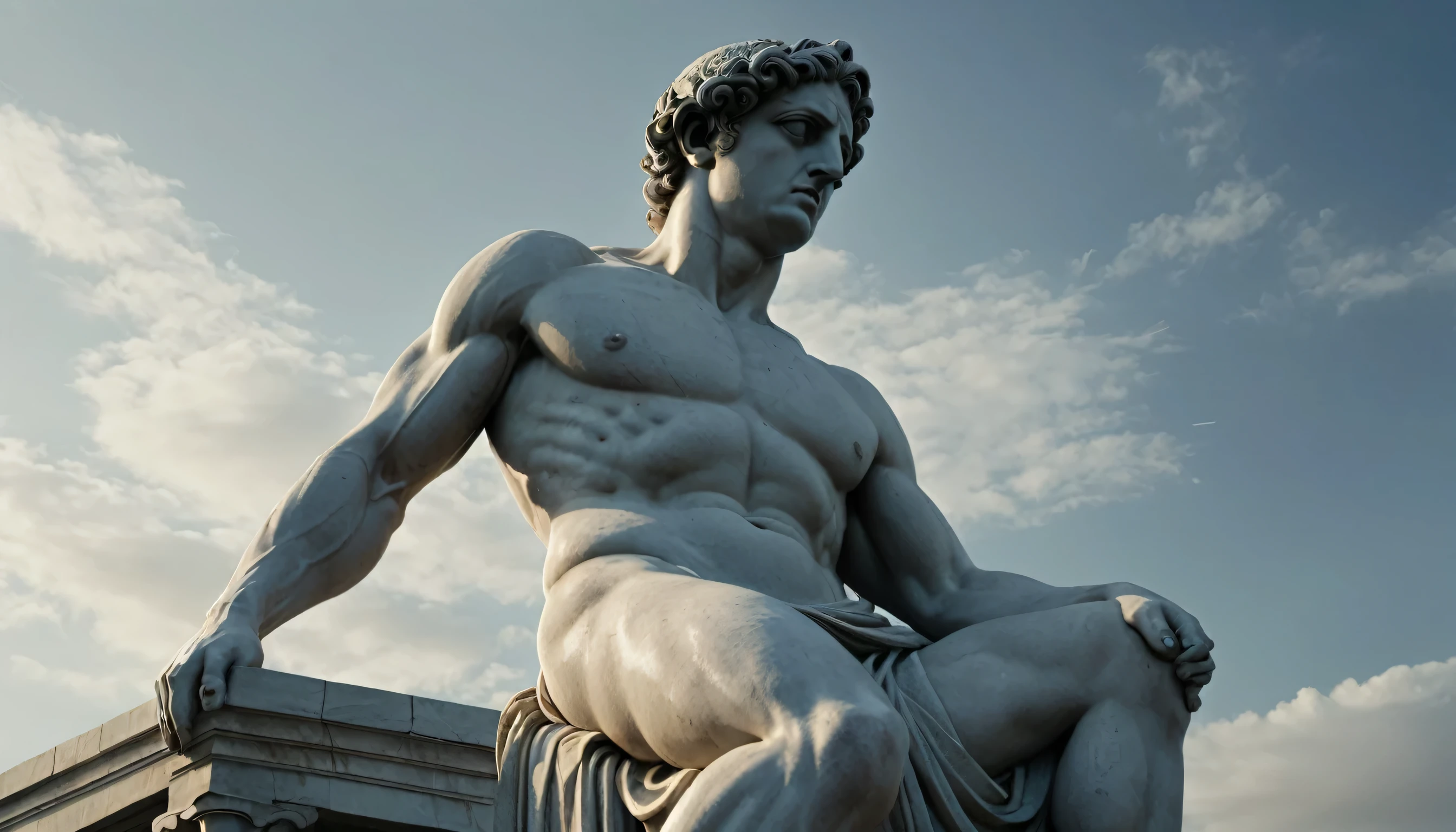 a Greek statue on top of a stone defined muscles, Extremely detailed background, Cinematic, atmospheric, movie film still, Masterpiece artwork, Haunting, surreal