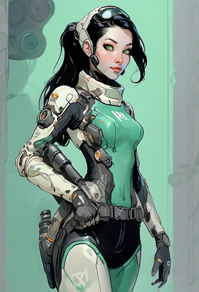 cartoon thin woman, long neck, long black hair, pale green skin, wearing a sci-fi diving suit. she is armed with an arm cannon