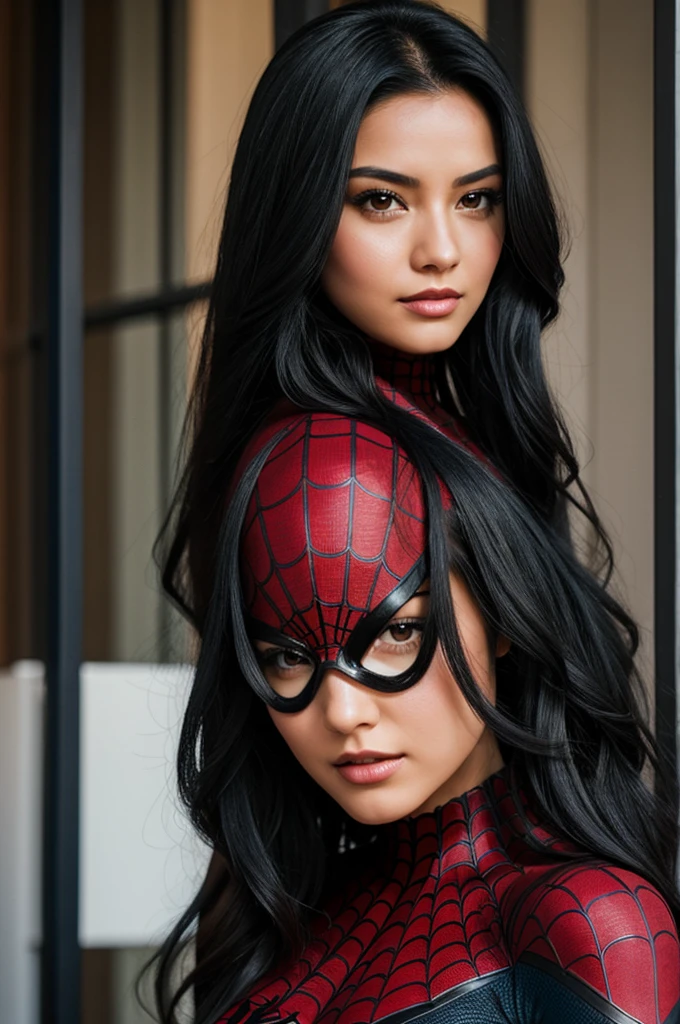 A woman in a Spiderman suit with long black hair and brown eyes