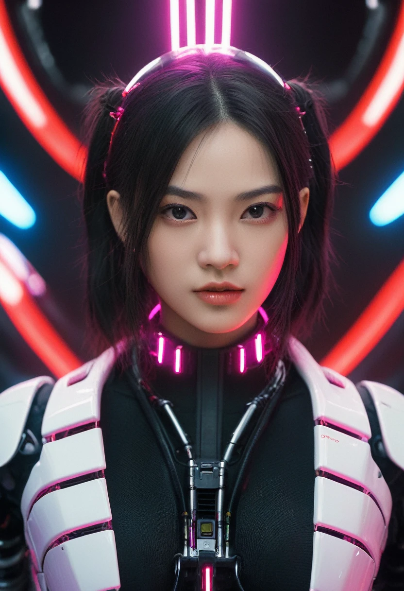 xxmixgirl. Highly detailed professional 35mm film, bokeh, face in sharp focus. A robotic female, Miku, with ((metal skin)), ((perfect Asian eyes)) with magenta irises and ((black pupils)), beautiful serious (detailed face), 18 year old ((photorealistic face)), very long magenta twin tails of magenta hair, twin black hair ties with a single red stripe. She may have a black audio headpiece. We can see her ((full body)) down to her boot soles. Her outfit is a sleeveless collared light grey shirt, outlined in red around the frilled collar and hems. Shiny reflective ((metallic breast cups, dimpleless)), invisible nipples. She wears black sleeves with red hems that start around her upper arm and bellow out as the sleeves open and extend to her wrists, with wide trumpet red rimmed cuffs. She has perfect robotic (detailed hands). She wears a red colored tie with two horizontal solid parallel black lines halfway across. She wears a fabric black skirt with a horizontal red hem at the bottom all the way around; her (((black skirt wraps around her))) and ((her skirt completely covers)) her robotic waist and thighs. Tall black boots with red bottom soles, a red rim around the top at her thighs. Her mechanical shoulder joints are visible. We can see her robotic legs and robotic neck. Half of her is covered with shiny polished machinery. The background is a distant dark neon futuristic Japanese city, gold, cyan, violet neon, near harbor or mountains.