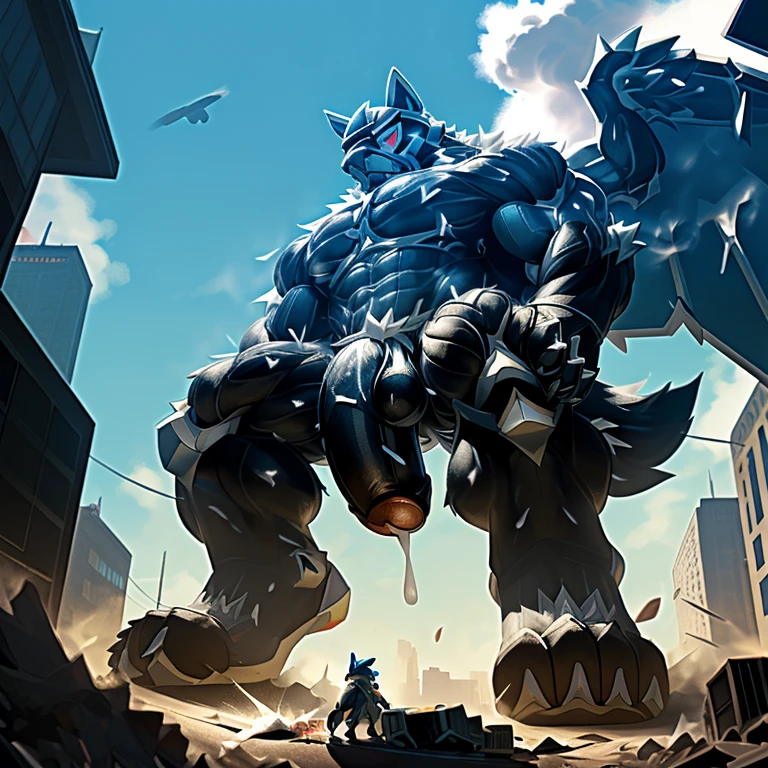 (masterpiece. official art. 8k. best quality. detailed full body. full body.)
A man in stylish armor fights against the magnificent biomechanical LUCARIO.
(situation 1 : dominating LUCARIO. focus GIANT mechanical Muscular LUCARIO is trampling the CITY. macro. stomp. Low-angle perspective. emphasizing the immense size. The perspective is from below, emphasizing the sheer majesty and power of the Giant. giant art. He is much bigger than a skyscraper. Giga Giants. micro soccer field. looking down. .)

(situation 2 :smoke and flames rising from the destruction in the city)

(Additional details 1: wearing a full-face helmet. helmet is jet black. The color of NANOSUIT is jet black. high-tech bio-mecha armor. real texture material. whole body shines like metal. Wearing cyberpunk mecha. emphasizes the muscles. suit fully made of metal. intricate armor. Robotic suit. suit fully made of metal. NANOSUIT with the same design as LUCARIO.).

(Additional details 2: (Detailed head. Detailed Body. Detailed abs. gigantic muscles. HYPER MUSCLES. Gigachad Muscular. big muscle. pecs. triceps. traps. unusually developed muscular body. body full of huge muscles. showing off muscles. pectorales enormes. Exaggeratedly huge muscles. huge muscles. long legs.).

(Additional details 3: nj5furry, Spread wings. It has wings. black have big wings. The claws are sharp. Sharp teeth.5 toes.). (Additional details 4: black color hyper penis. hyper black penis. big penis) (Additional details 6 : Spraying hyper cum up everywhere into the sky from his erect penis. wide spray of cum, covered in cum, cum splashing in front of camera, bukkake, earth is under a thick later of cum.) He is laughing defiantly.