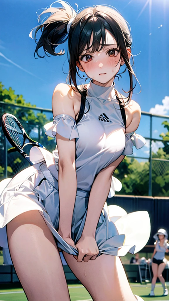 Describe a woman in a white tennis outfit, swinging a tennis racket with a determined expression on her face as she hits the ball back on a green tennis court under a clear blue sky. Her movements are powerful, and there are stands with spectators in the background,sweat,under shot,low angle,group,ahegao,orgasm,underboob:1.3,off shoulder