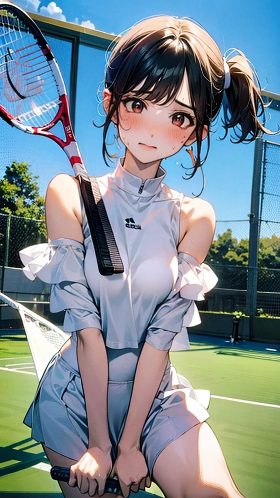 Describe a woman in a white tennis outfit, swinging a tennis racket with a determined expression on her face as she hits the ball back on a green tennis court under a clear blue sky. Her movements are powerful, and there are stands with spectators in the background,sweat,under shot,low angle,group,ahegao,orgasm,underboob:1.3,off shoulder