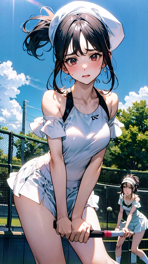 Describe a woman in a white tennis outfit, swinging a tennis racket with a determined expression on her face as she hits the ball back on a green tennis court under a clear blue sky. Her movements are powerful, and there are stands with spectators in the background,sweat,under shot,low angle,group,ahegao,orgasm,underboob:1.3,off shoulder