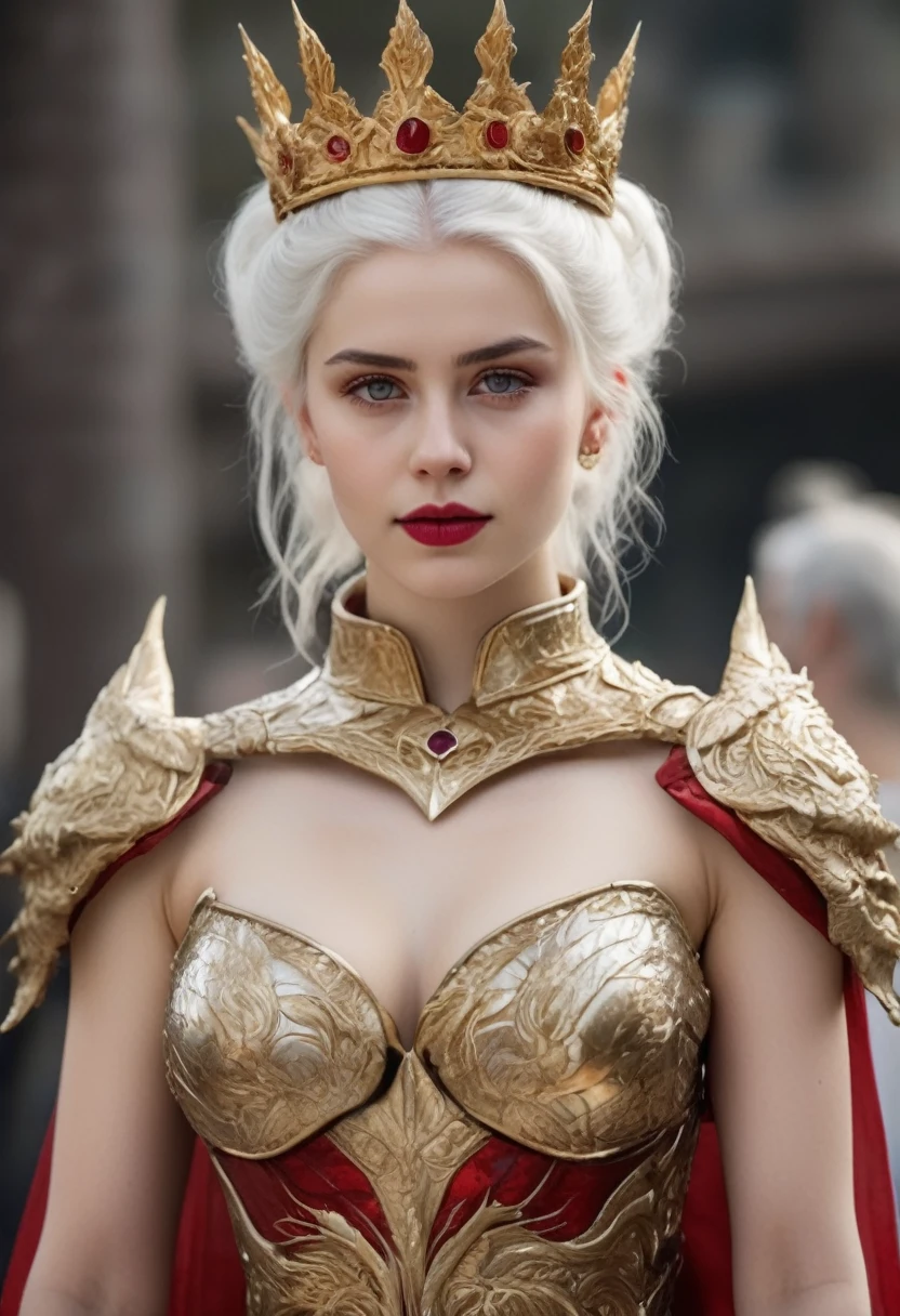 Woman with white hair and light violet eyes, very white skin, about 19 years old, has a mini updo in her hair with a gold crown with rubies, has natural red lips with a mini smile and very thick white eyebrows with She has long eyelashes and is too beautiful. She has a black and red dress with dragons embroidered in gold and the dress has a deep neckline. Her chest is one meter and seventy centimeters tall. She is standing on a high platform with 8 steps. Behind her there is a man. He is one meter and ninety centimeters tall and has a military body with broad shoulders. He has white hair and dark violet eyes with very thick white eyebrows. His features are serious. He is dressed in gold and silver armor and has two drawn dragons. On the red and black chest, he has one hand on the woman&#39;s waist and the other on the handle of a sword that he has on a belt on his hips. Behind them there is an iron throne with swords embedded everywhere behind it. From the throne there are two dragons, one black and one red. 