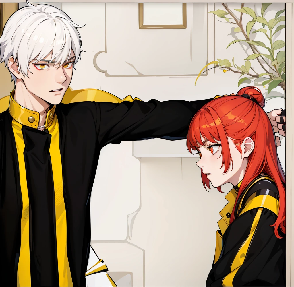 There is a boy with white hair, yellow eyes and a girl with red hair and red eyes, they are talking seriously, worried about an important delicate topic., You have black clothes with yellow lines and they have golden collars and golden shoulder pads.