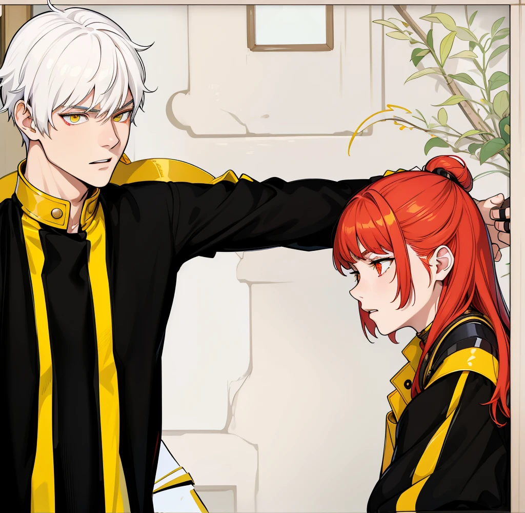 There is a boy with white hair, yellow eyes and a girl with red hair and red eyes, they are talking seriously, worried about an important delicate topic., You have black clothes with yellow lines and they have golden collars and golden shoulder pads.