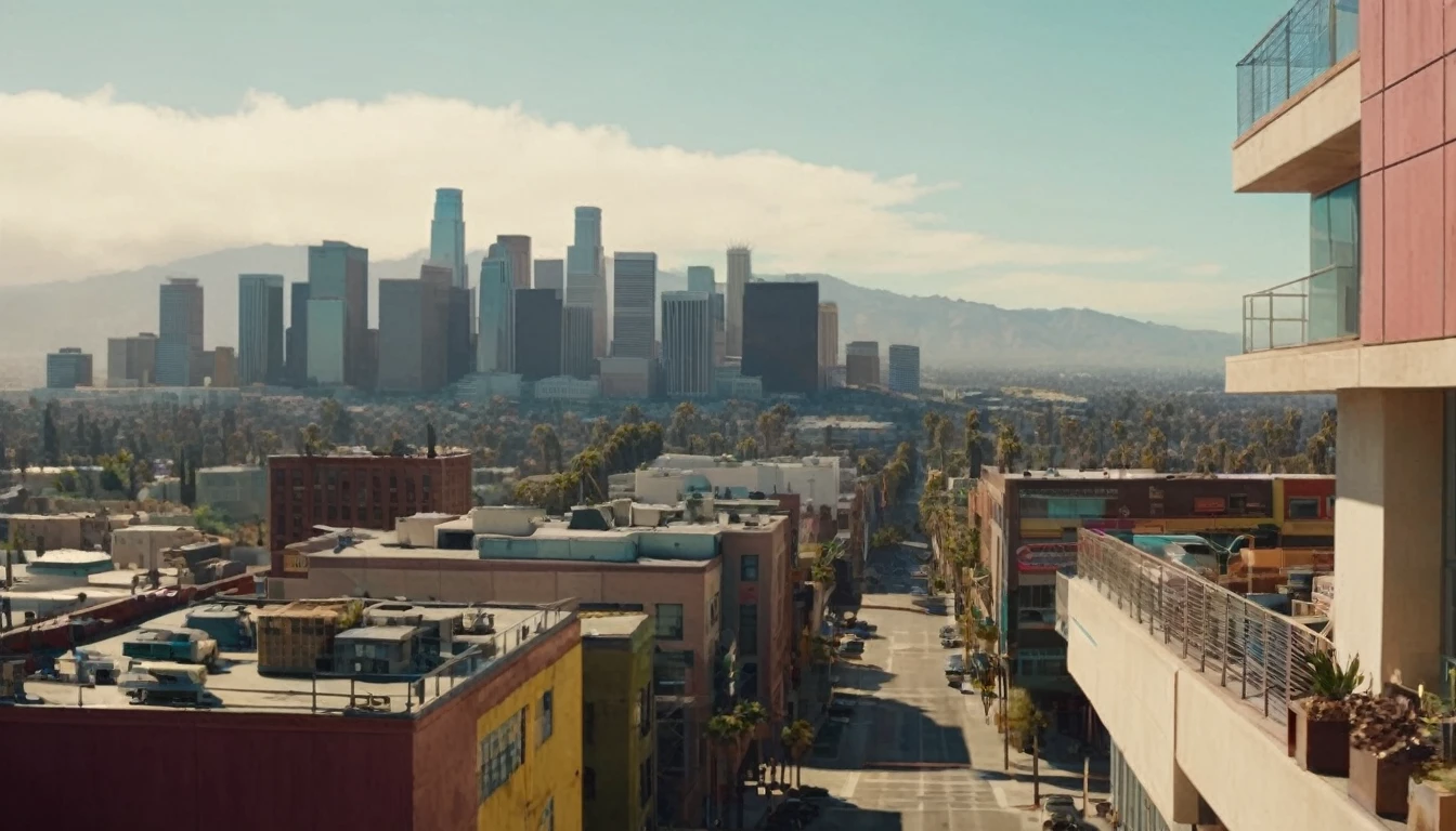 The cinematic traversal camera captures a view of Los Angeles, California in 3060 morning time.The camera is travelling through above the streets of a dysoptian city, in the futuristic megacity there are a couple of stores and street vendors, different styled buildings along the streetside. The futuristic city with many different colored materialed and shaped complex constructioned houses and skyscrapers in the background, bustling city with highly intricate details and photorealistic materials.Photorealistic Reflections.Natural lights, neutral colors, lomochrome,dramatic, dynamic composition. Consistent structure of the buildings, static environment,consistent movement of the camera.Contrast lighting, volumetric lighting, best shadows,sharp focus, depth pf field, Realism, Cinematic, Photoreal,Panavision 70s movie styled in color, celluloid, uhd, hdr, 4k, 35mm film Screengrab a 1950s Super Panavision 70 film, in color. Best shadows, best quality. Lifelike textures, sharp focus, depth of field, realism, photorealism, vintage color tones, cinematic lighting, contrast lighting, soft front light, insanely intricate details, hdr, uhd, 8k, 35 mm film, analog camera shot.