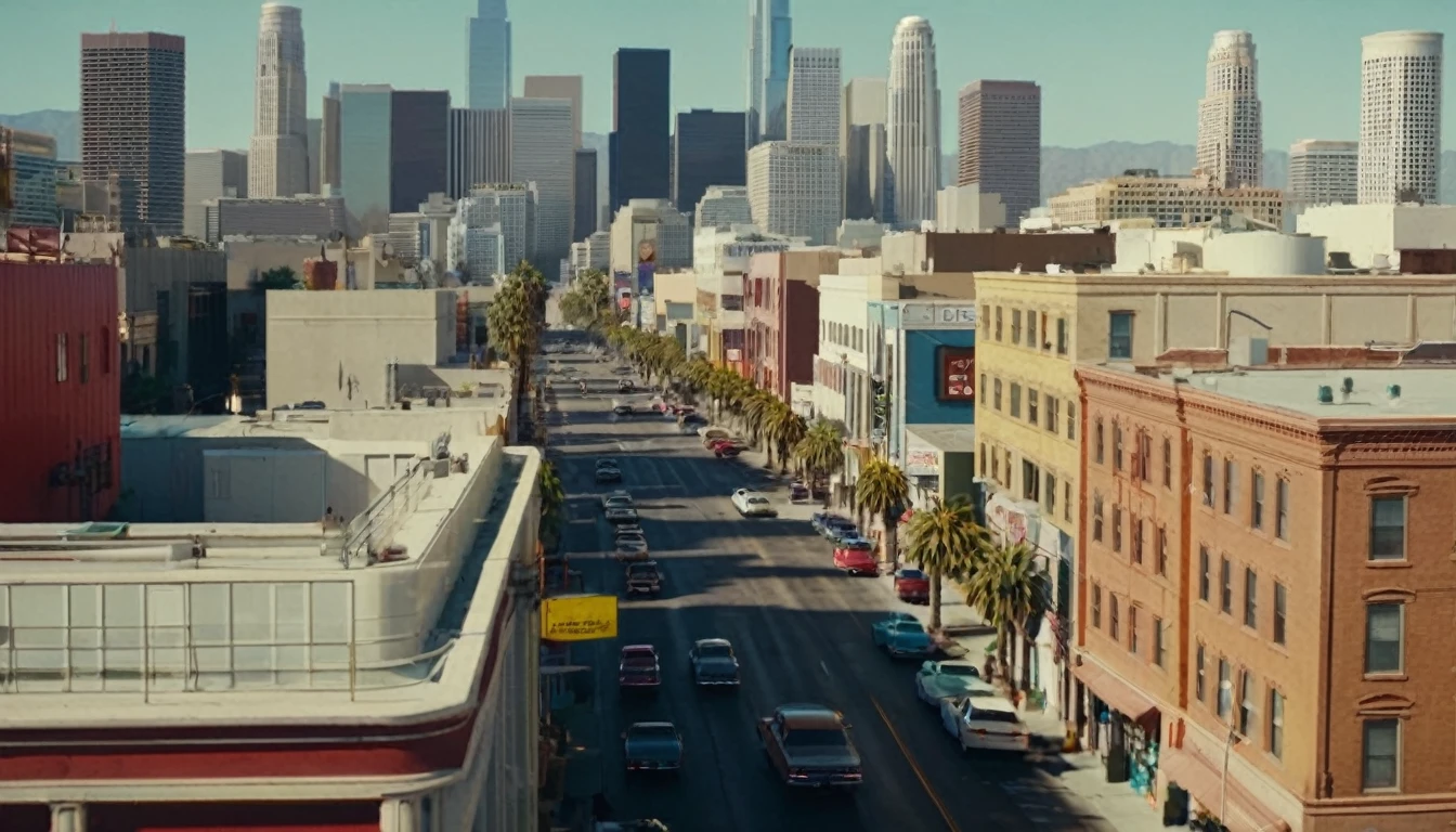 The cinematic traversal camera captures a view of Los Angeles, California in 3060 morning time.The camera is travelling through above the streets of a dysoptian city, in the futuristic megacity there are a couple of stores and street vendors, different styled buildings along the streetside. The futuristic city with many different colored materialed and shaped complex constructioned houses and skyscrapers in the background, bustling city with highly intricate details and photorealistic materials.Photorealistic Reflections.Natural lights, neutral colors, lomochrome,dramatic, dynamic composition. Consistent structure of the buildings, static environment,consistent movement of the camera.Contrast lighting, volumetric lighting, best shadows,sharp focus, depth pf field, Realism, Cinematic, Photoreal,Panavision 70s movie styled in color, celluloid, uhd, hdr, 4k, 35mm film Screengrab a 1950s Super Panavision 70 film, in color. Best shadows, best quality. Lifelike textures, sharp focus, depth of field, realism, photorealism, vintage color tones, cinematic lighting, contrast lighting, soft front light, insanely intricate details, hdr, uhd, 8k, 35 mm film, analog camera shot.