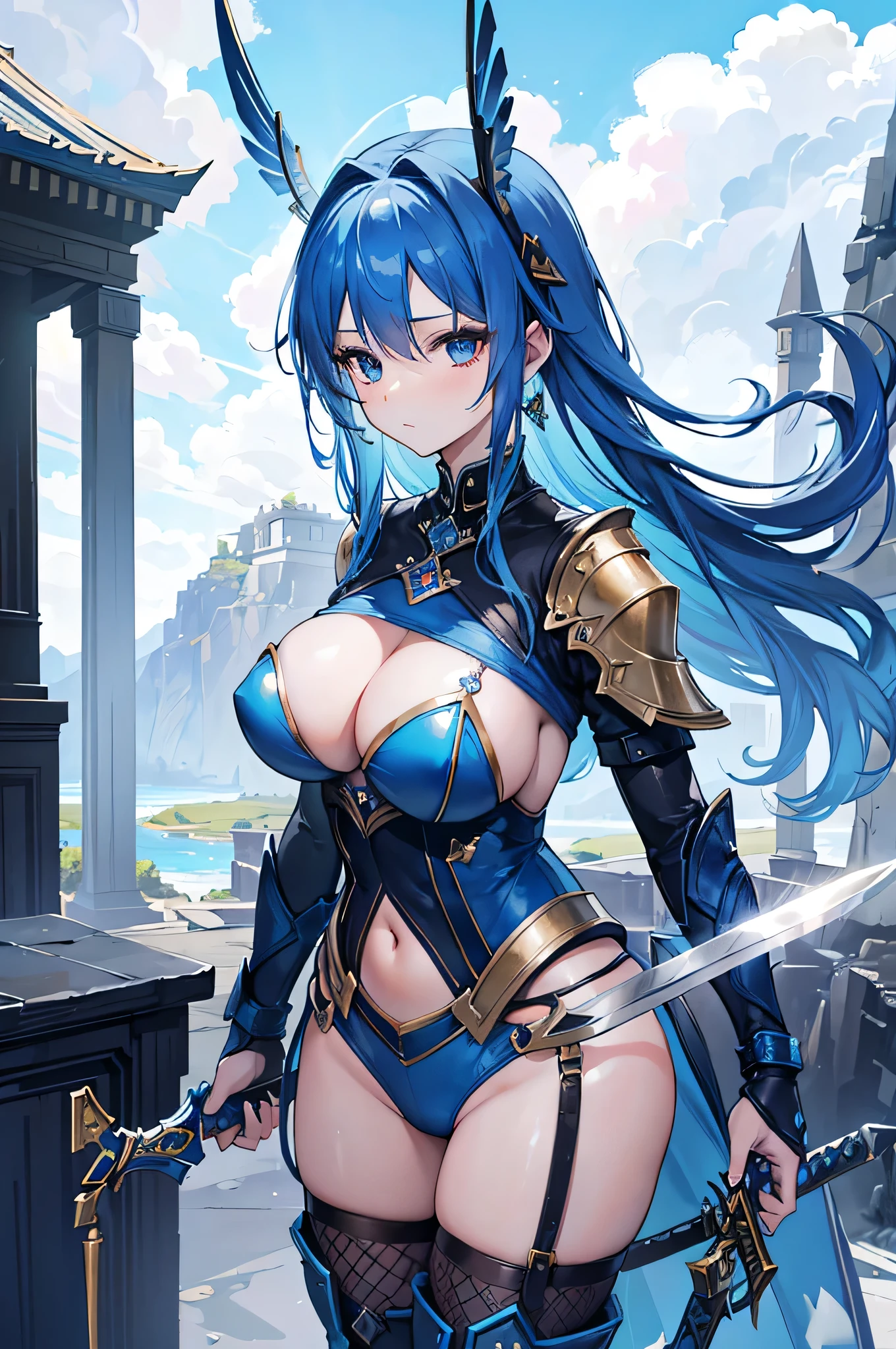 4K,High resolution,One Woman,Blue Hair,long hair,Big Breasts,Valkyrie,Blue sacred leotard armor,Blue boots,Black fishnet stockings,Winged headgear,Jewelry decoration,Holy Sword,Temple in the Sky