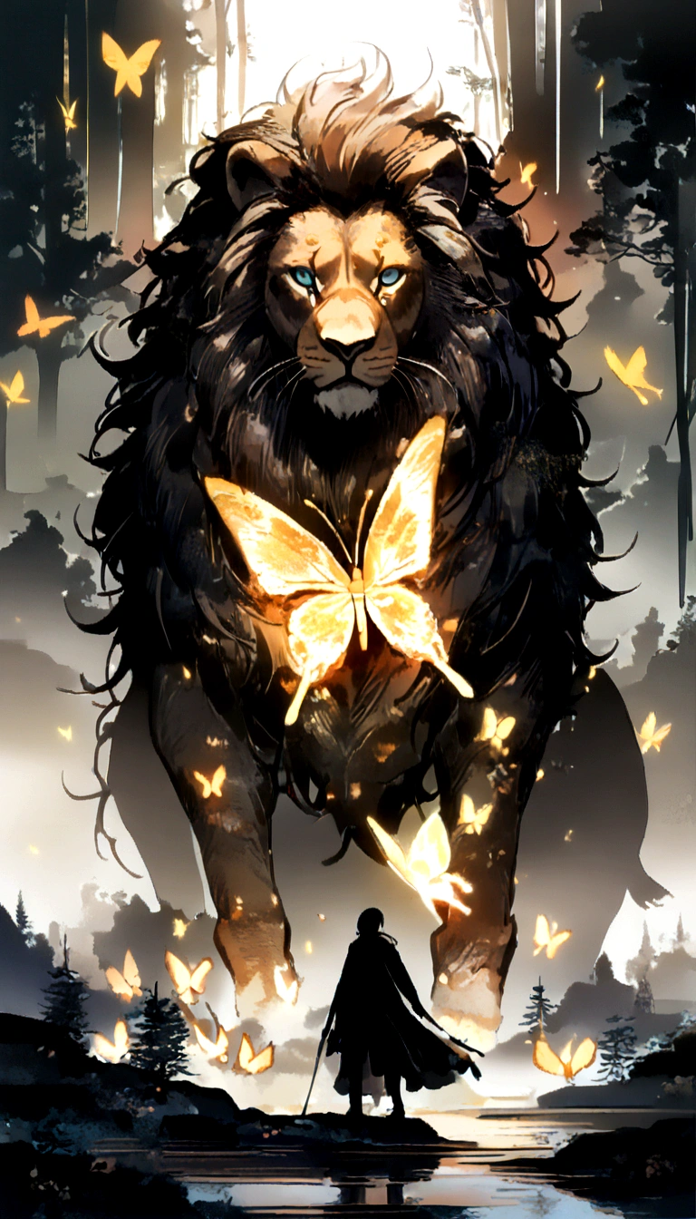 "((work of art)) Leo in the ((misty)) ,((Magical Black Forest :1.2))at the end of dusk, featuring ((sombras escuras fortes refeaturingendadas para cena:1.2)), A shining magical lion,bright golden flowers ,((glowing butterfly )), beautiful magical style, Golden water reflection,ferocious, conceptual artwork, digitalpainting."