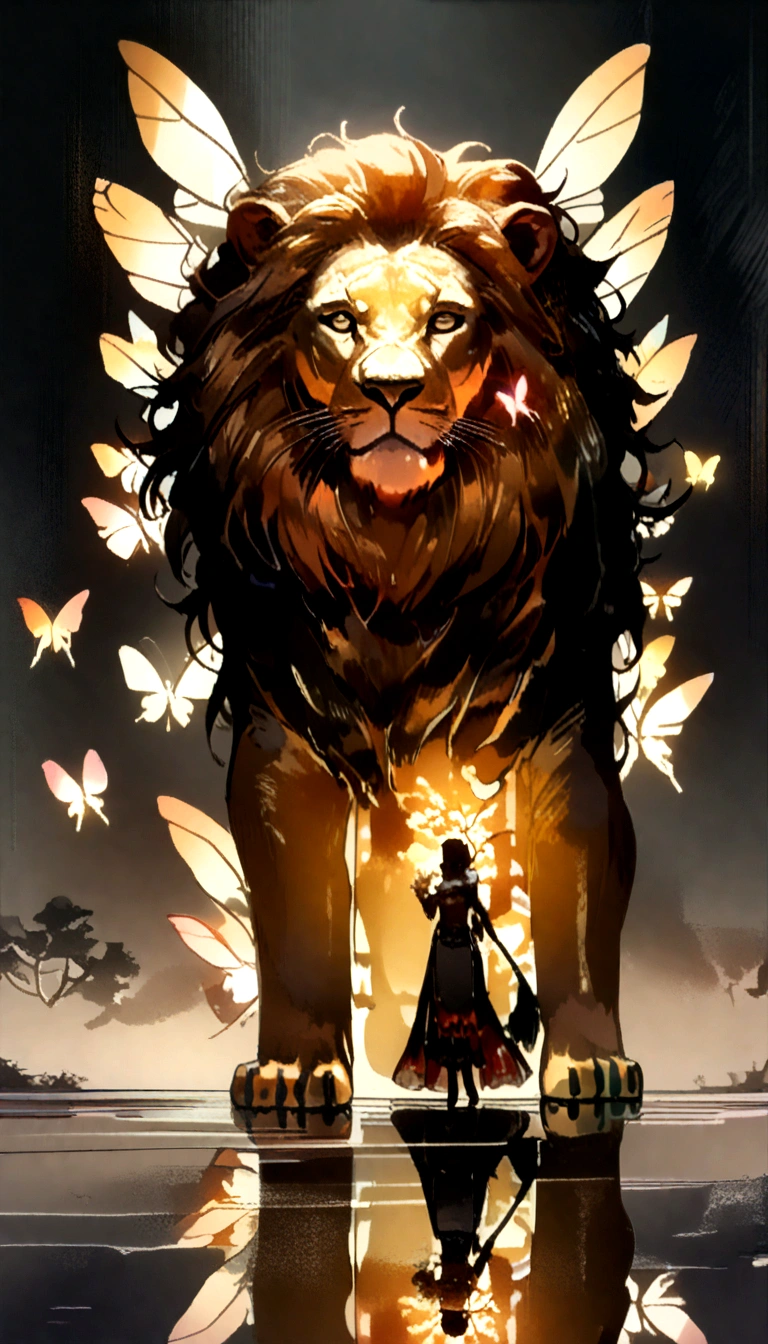 "((work of art)) Leo in the ((misty)) ,((Magical Black Forest :1.2))at the end of dusk, featuring ((sombras escuras fortes refeaturingendadas para cena:1.2)), A shining magical lion,bright golden flowers ,((glowing butterfly )), beautiful magical style, Golden water reflection,ferocious, conceptual artwork, digitalpainting."