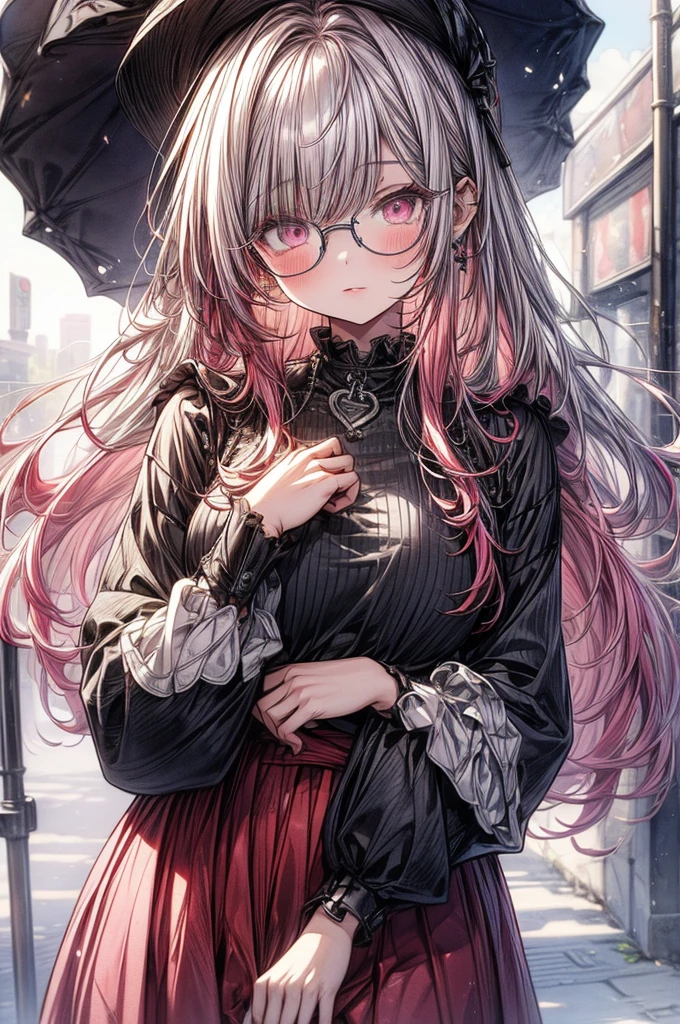 ((Sketch)), ((Watercolor)),((best quality)) ((best quality)), ((masterpiece)), (detailed), HD, Highly Detailed, 4k image, anime style, beautiful young girl, tanned white skin, long waist length hair(pink-red hair), soft facial features, heterochromatic eyes(left eye: silver)(right eye: red), gothic sundress, cherry red plump lips, large E-cup breasts, short height(150cm). wide hips and large round ass, silver round-frame glasses