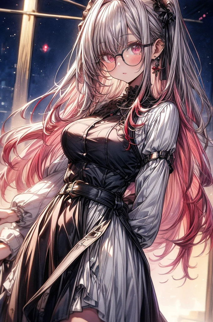 ((Sketch)), ((Watercolor)),((best quality)) ((best quality)), ((masterpiece)), (detailed), HD, Highly Detailed, 4k image, anime style, beautiful young girl, tanned white skin, long waist length hair(pink-red hair), soft facial features, heterochromatic eyes(left eye: silver)(right eye: red), gothic sundress, cherry red plump lips, large E-cup breasts, short height(150cm). wide hips and large round ass, silver round-frame glasses