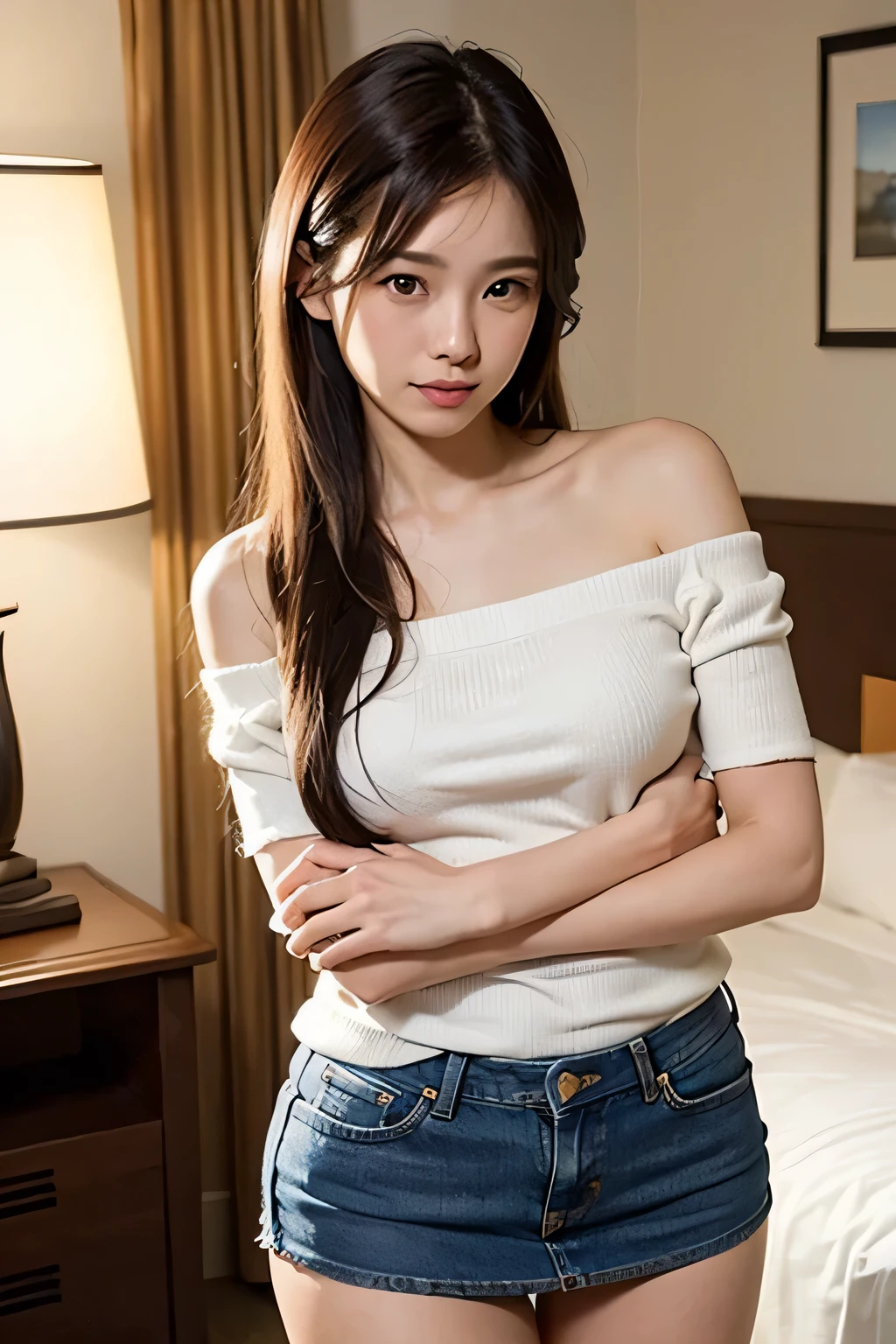 masterpiece，Highest quality，Advanced Details，1 male，1 female，((Hotel Bedroom:1.4))、((Japanese woman with straight medium-long hair:1.4))，((A woman wearing a white short-sleeved off-the-shoulder cotton shirt and a denim miniskirt:1.4))，Japanese middle-aged 1 male，Black Haired Man，A man in a white dress shirt is very handsome，((Man hugging woman&#39;head:1.4))，The woman is short，The man is tall，Reflects the height difference between men and women，The woman&#39;s height is 160cm...，The man is 175cm tall.，Man touching woman&#39;head:1.7、((They are&#39;Standing in an empty room:1.5))、Women play a leading role、Women are skinny，Small breasted women、