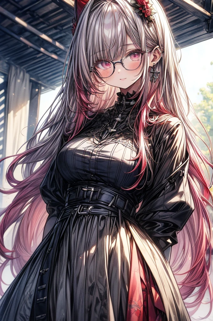 ((Sketch)), ((Watercolor)),((best quality)) ((best quality)), ((masterpiece)), (detailed), HD, Highly Detailed, 4k image, anime style, beautiful young girl, tanned white skin, long waist length hair(pink-red hair), soft facial features, heterochromatic eyes(left eye: silver)(right eye: red), gothic sundress, cherry red plump lips, large E-cup breasts, short height(150cm). wide hips and large round ass, silver round-frame glasses