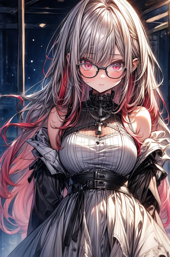 ((Sketch)), ((Watercolor)),((best quality)) ((best quality)), ((masterpiece)), (detailed), HD, Highly Detailed, 4k image, anime style, beautiful young girl, tanned white skin, long waist length hair(pink-red hair), soft facial features, heterochromatic eyes(left eye: silver)(right eye: red), gothic sundress, cherry red plump lips, large E-cup breasts, short height(150cm). wide hips and large round ass, silver round-frame glasses