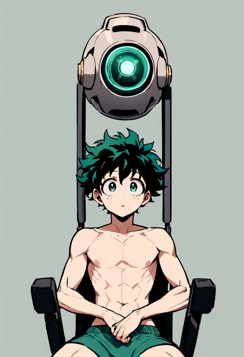 (masterpiece, best quality:1.2), solo, male focus, 1boy, midoriya izuku, short green hair, green eyes, no shirt, no pants, wearing green boxer briefs, ager, toned slender body, domed helmet, mind control device, blank expression, mouth hanging open staring straight forwars, relaxed body posture, sitting in chair, anime style, my hero academia style