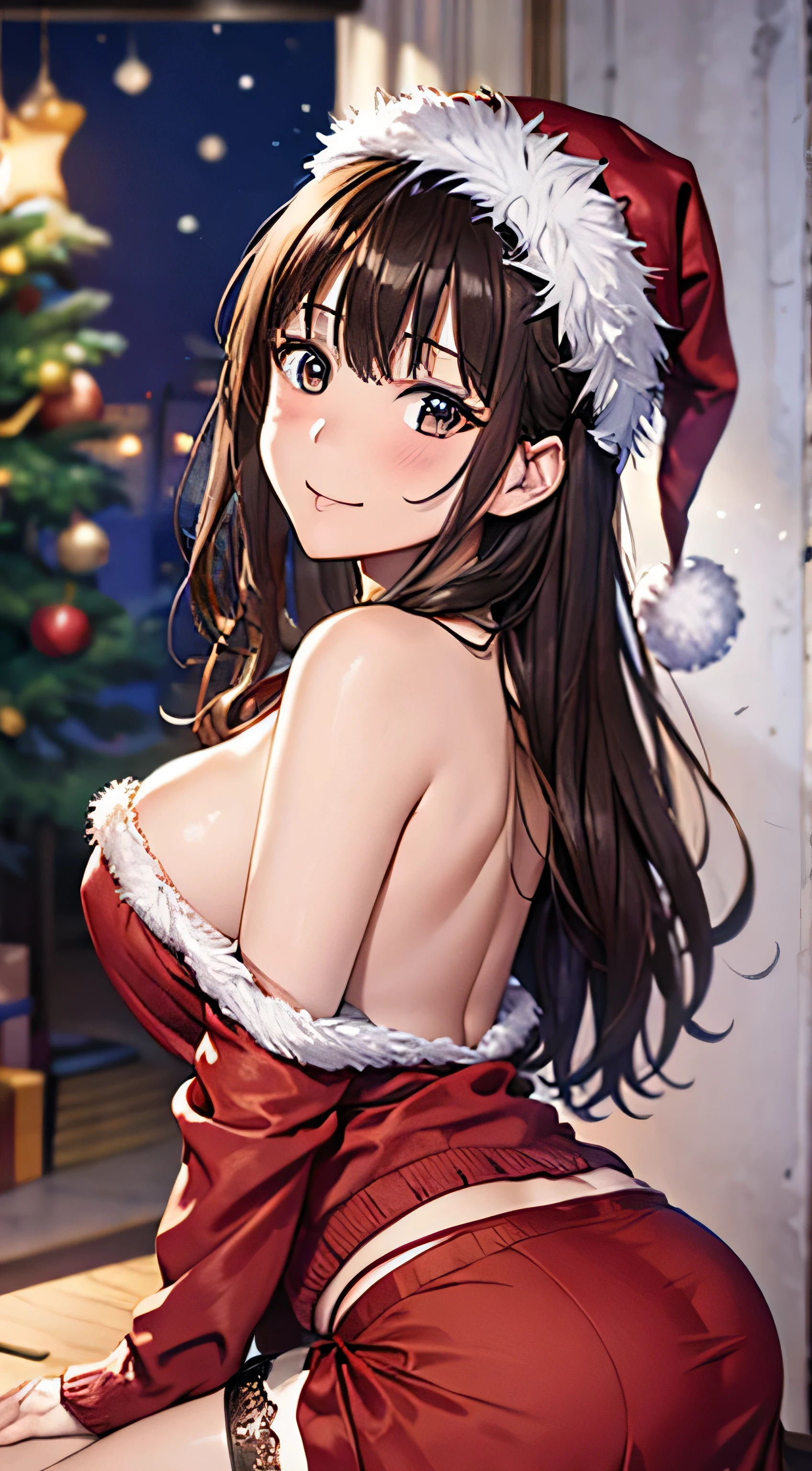 ((Tabletop, Highest quality, High resolution, , Pixel Perfect, 4K,))), 1 female teacher, single, alone, beauty、The whole body is visible、 ((Long Wavy Hair, bangs, Brown Hair)), ((Brown eyes, Beautiful eyelashes, Realistic eyes)), ((Detailed face, Blushing:1.2)), ((Smooth texture:0.75, Realistic texture:0.65, Realistic:1.1, Anime CG Style)), Big Breasts, Dynamic Angle, Perfect body, (( , , Santa Claus Cosplay Hat、 Santa Claus Cosplay Off Shoulder Sweater、flare skirt、Floral lace panties 、)), 、、Very embarrassing panic smile, 、、classroom、、Nipples are slightly visible、、Stick your butt out、Leaning forward、Bring your arms together、Sitting on the floor 、Angle from below)、