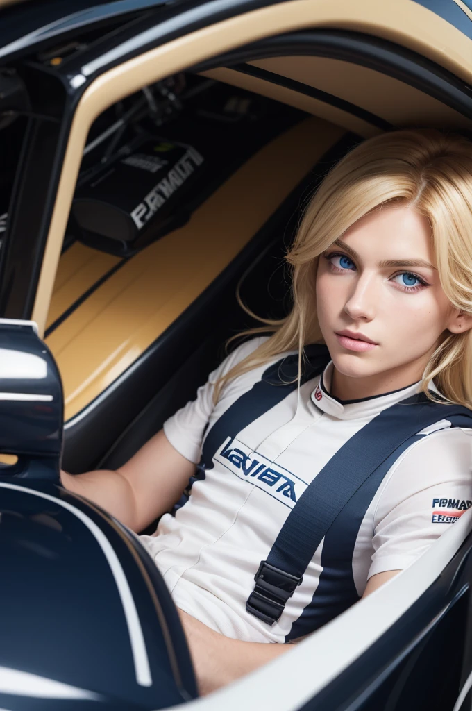 Formula 1 driver, blondie hair, dark blue eyes