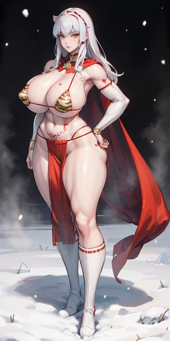 full body standing straight symmetrical, FEMALE warrior princess, big belt around waist, hair, very white skin like snow, strong abs, red tatto belly, red loincloth, tiger bikini, blue cape, sleeveless, black long socks
