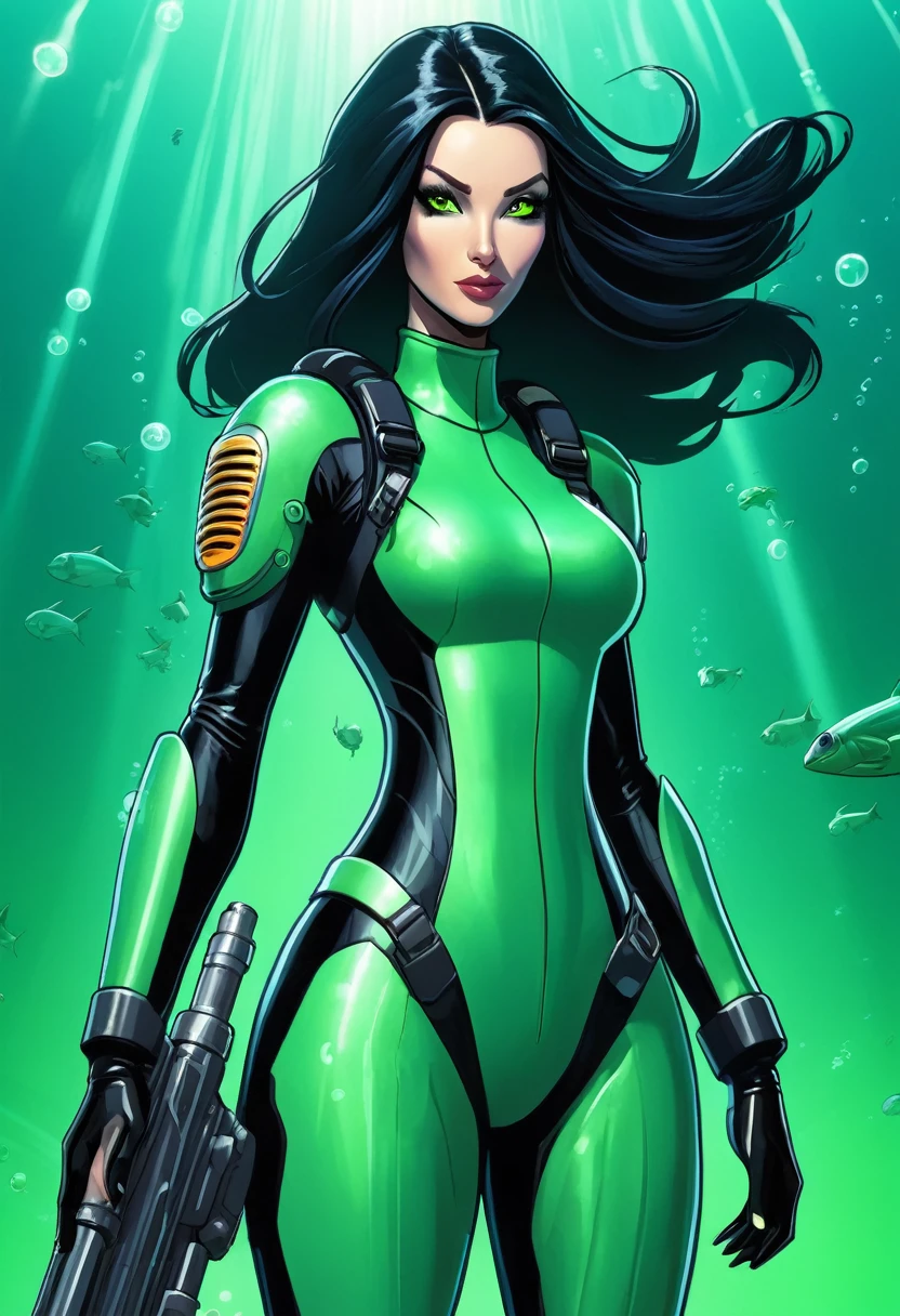 cartoon thin woman, long neck, long black hair, pale green skin, wearing a sci-fi diving suit. she is armed with an arm cannon