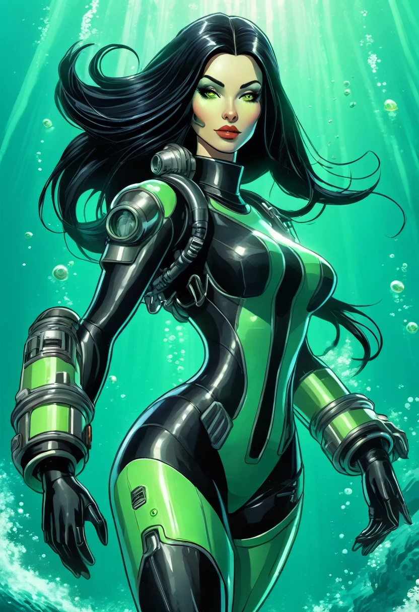 cartoon thin woman, long neck, long black hair, pale green skin, wearing a sci-fi diving suit. she is armed with an arm cannon