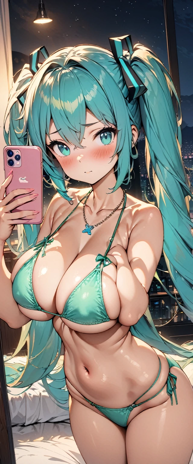 (masterpiece), (highest quality), (illustration), (super detailed), (high resolution), absurdity, 1girl, hatsune miku, vocaloid,toragao,blush,green string bikini,night,bedroom,looking at viewer,bimbo,hair ribbons,necklace,cowboy shot,taking a selfie