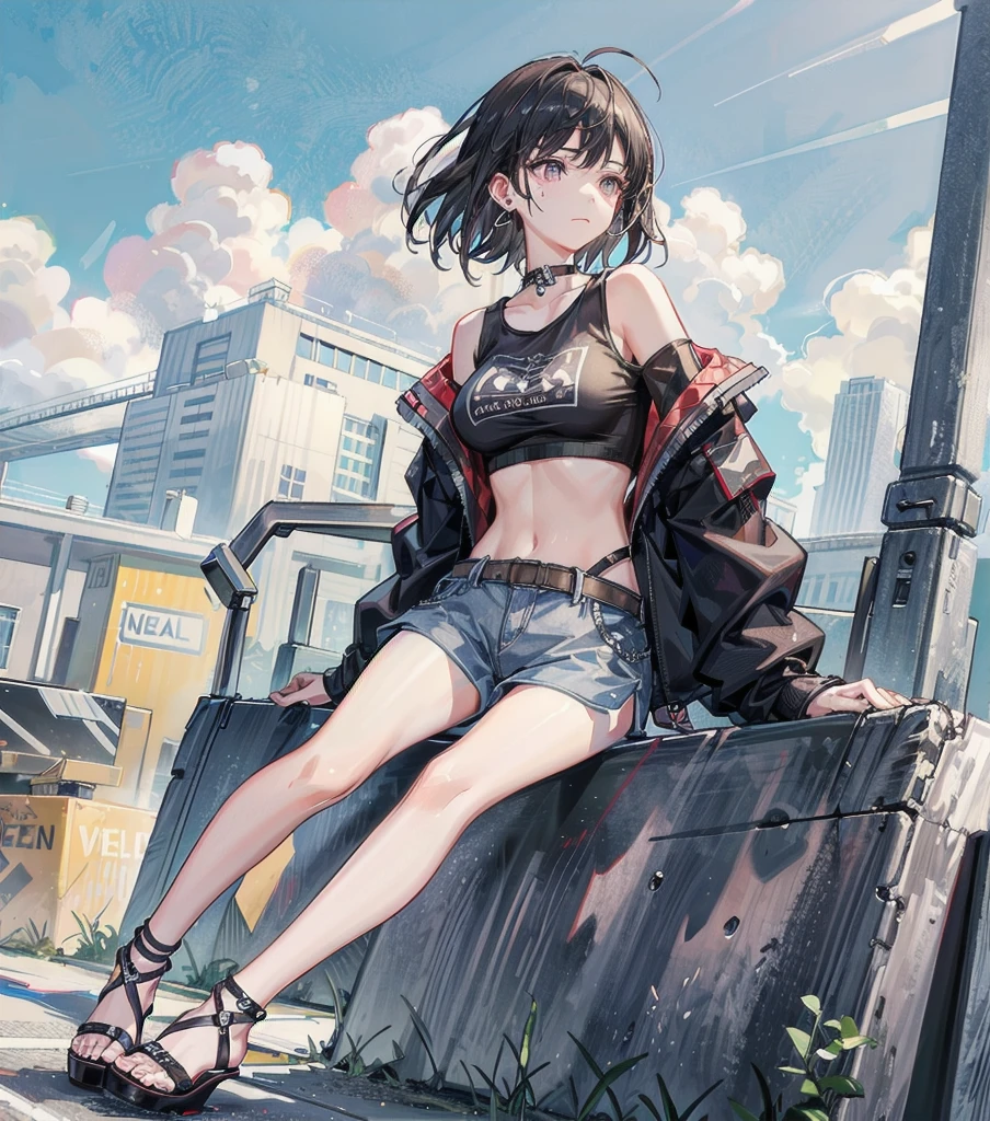 full body, solo, alone, delicate facial features, medium tits, medium hair, black hair, tearful mole, earring, t-shirt, crop top, off-shoulder, Hot Pants, sandal, street,