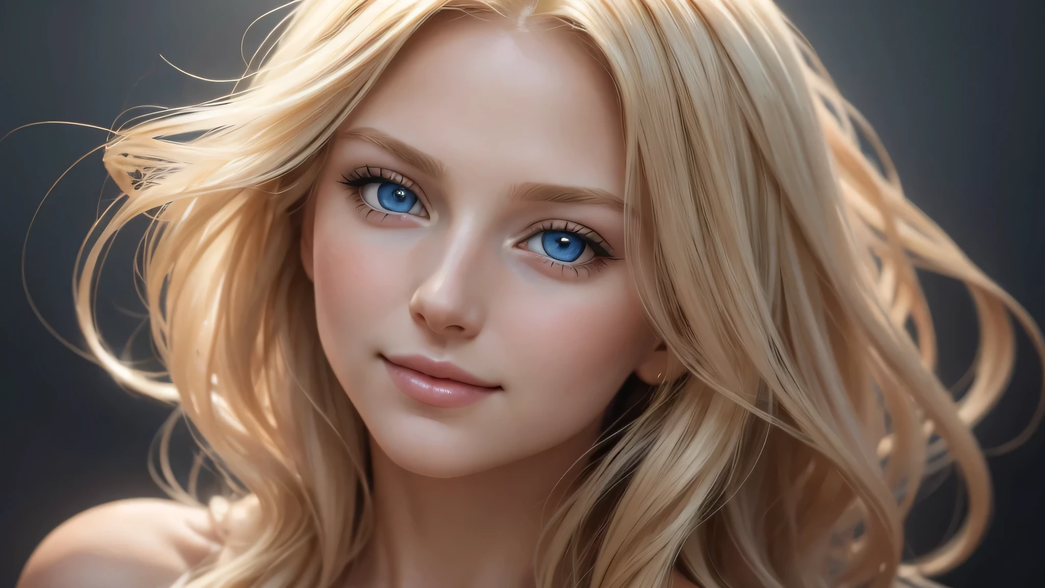 Soft portrait of a beautiful blonde woman, flowing golden hair, captivating blue eyes, delicate features, radiant smile, natural makeup, elegant attire, gentle expression, subtle blush, warm skin tones, ethereal lighting, soft shadows, high-resolution digital painting, realistic style, artistic interpretation, by a skilled portrait artist, ArtStation showcase.